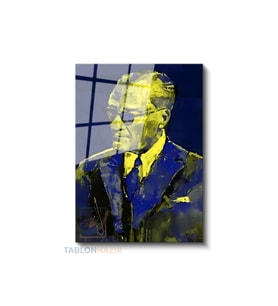 Dikey Cam Tablo Salon Duvar Tablosu Dikey Cam Ataturk Sari Mavi Yeni Ev Hediyesi Ofis Tablosu