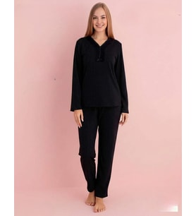 Pijamerry Kadın Bambu Baharlık Dantel Yaka Uzun Kol İnce Pijama Takımı 5212S - 1 Adet (Siyah)