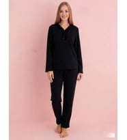 Pijamerry Kadın Bambu Baharlık Dantel Yaka Uzun Kol İnce Pijama Takımı 5212S - 1 Adet (Siyah)