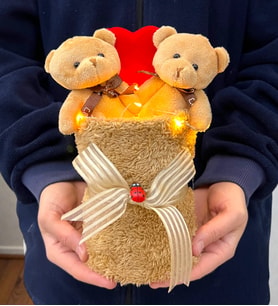 Premium Peluş Saksıda 2'li Kahve Peluş Ayıcıklı Buket Led Işıklı Tasarım