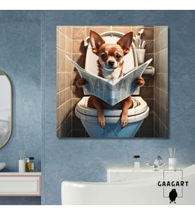 Tekli Kare Kanvas Banyo Tablosu Gazete Okuyan Çivava Köpek