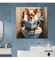 Tekli Kare Kanvas Banyo Tablosu Gazete Okuyan Çivava Köpek