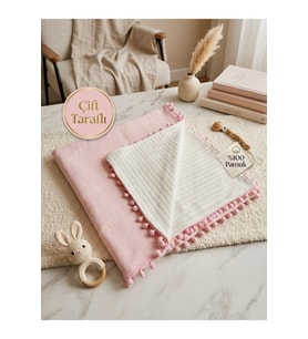 4 Mevsim Çift Taraflı Ponponlu Müslin Pike Battaniye %100 Pamuk 80cmx80cm