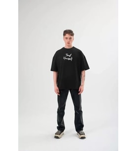 pilelistore- Unisex Bisiklet Yaka Baskılı Oversize T-Shirt - Siyah