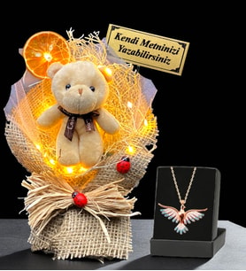Premium Set - Size Özel İsimli Led Işıklı Buket ve Renkli Zümrüdü Anka Kuşu Kolyesi (Model 7)