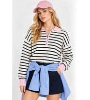 Oversize Kesim Fermuarlı Polo Yaka Çizgili Triko Kazak - Lacivert-Pembe