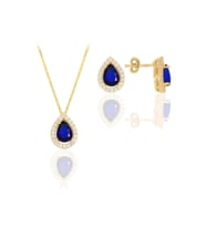 Söğütlü Silver Gümüş altın yaldızlı safir taşlı damla modeli ikili set