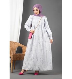 Ponpon Detaylı Astarlı Elbise-Lila Gri