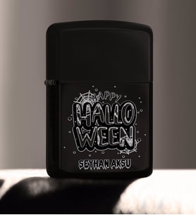BK Gift Kişiye Özel Happy Halloween Tasarımlı Renkli Baskılı Siyah Benzinli Metal Çakmak-1