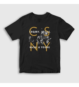 Presmono Unisex Çocuk Siyah Crosby Stills Nash And Young T-Shirt 463918tt