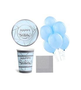 Gümüş Happy Birthday Temalı Parti Seti Mavi 8 Kişilik