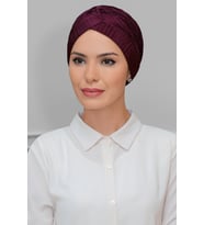 Mürdüm Pratik Hazır Geçmeli Tesettür Bone Fukuro Piliseli Tek Çapraz Büzgülü 1824_07