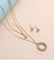 BK Gift Zirkon Taşlı İki Zincirli Gold Halka Kolye ve Küpe Seti, Sevgiliye Hediye, Yıldönümü Hediyesi