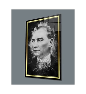 Miyrem Glasses Collection -A1^#  Gold Şerit Siyah Beyaz Atatürk Cam Tablo (Çok Renkli)
