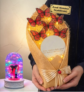 Size Özel Led Işıklı Aynalı Kırmızı Kelebek Buketi ve Renkli Işıklı Biblolu Fanus (Model 4)