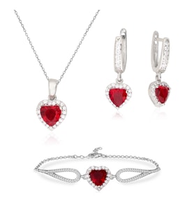 925 Ayar Gümüş Swarovski Kırmızı Kalp Takı Seti