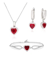 925 Ayar Gümüş Swarovski Kırmızı Kalp Takı Seti