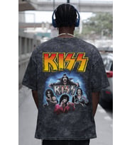 Kiss Rock Metal Müzik Grubu Sırt Baskılı Unisex Oversize Eskitme Yıkamalı Tişört