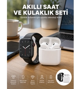 Akıllı Saat Gümüş Kasa Bluetooth Kulaklık Hediyeli Çok Fonksiyonlu İkili Set