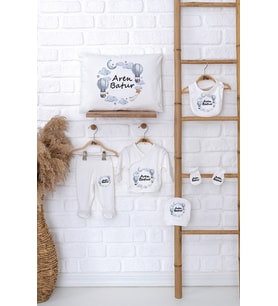 Pia Baby Premium %100 Pamuk İsme Özel Bebek Hediye Seti Zıbın Yastık Kılıfı 5009-06 (Ekru)