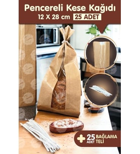 12x28 Kraft Şamua Pencereli Kese Kağıdı Poğaça Tost Sandviç Poşeti Kına Çerez Lokum Poşeti 25 Adet -T980