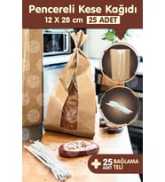 12x28 Kraft Şamua Pencereli Kese Kağıdı Poğaça Tost Sandviç Poşeti Kına Çerez Lokum Poşeti 25 Adet -T980 (Renksiz)
