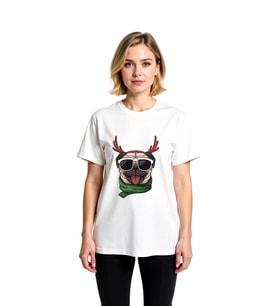 Kadın Grafik Baskılı Gözlüklü Pug Boynuzlu Ren Geyiği Atkılı Rahat Kesim Pamuk Tişört Günlük Modern