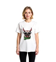 Kadın Grafik Baskılı Gözlüklü Pug Boynuzlu Ren Geyiği Atkılı Rahat Kesim Pamuk Tişört Günlük Modern