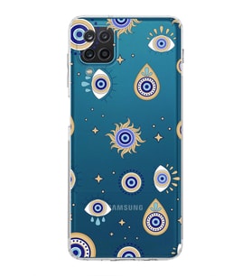 PrintiFy Samsung Galaxy A12 ile Uyumlu Nazar Boncuğu 5  Kamera Korumalı Şeffaf Silikon Kılıf