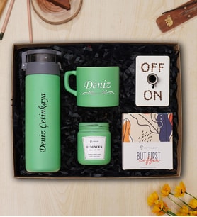 Kişiye Özel Cam Suluk, Çay & Nescafe Fincanı, Kokulu Mum ve Filitre Kahve Hediye Seti