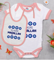 BK Kids Maşallah Tasarımlı Pembe Bebek Body Zıbın ve Mama Önlüğü Hediye Seti-2