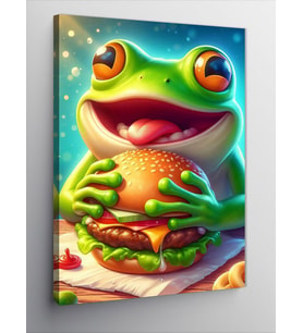 Kanvas Tablo Hamburger Yiyen Kurbağa