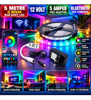 5M 12V 60 Ledli İç Mekan RGB Şerit Led 5A Priz Adaptör Bluetooth RGB Kumandalı Set