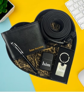 Kişiye Özel Premium Kalp Kutu Cüzdan Kemer Metal Lüx Anahtarlık Metal Çakmak Touch Pen Metal Kalem Hediye Set