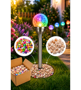 Premium Paslanmaz Çelik Solar Bahçe Lambası, Aurora Efektli Kristal Cam Küre, Fotoselli RGB ve Beyaz Led Işık, Güneş Enerjili, Su Geçirmez, Dekoratif Peyzaj Aydınlatması, Taş Ve Deniz Kabuğu Hediyeli