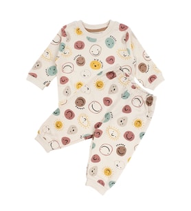 Unisex Bej Renkli Emoji Baskılı Pijama Takımı