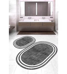 Dijital Baskılı Kaymaz Taban Yıkanabilir Oval 2'li Klozet Takımı Banyo Paspası NOKZ-HT-575 (Gri)