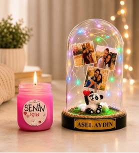 Kişiye Özel Yazılı 3 Fotoğraflı Renkli LED Işıklı Fanus (pandalı) ve Cam Kokulu Mum Seti