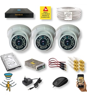 3 KAMERALI SET - HAREKET ALGILAYAN GECE GÖRÜŞLÜ 36 IR LED 5MP SONY LENSLİ 1080P FULL HD DOME İÇ MEKAN GÜVENLİK KAMERASI SETİ D136B