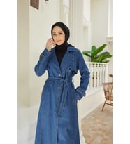 6458-Battal Allerli Denim Trençkot Koyu Mavi