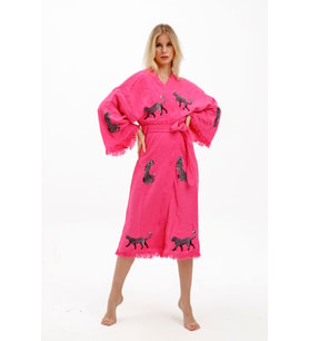 Müslin Kimono %100 Pamuklu Leopar Baskılı Desenli Bornoz Kaftan Sabahlık (Fuşya)