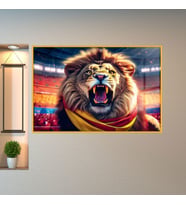 Metal Çerçeveli Yatay Cam Sarı Kırmızı Atkılı Kükreyen Aslan (Gold)