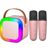 Coverzone Kablosuz Mikrofonlu Karaoke Makinesi Taşınabilir ENT Bluetooth Hoparlör Seti Bas Tiz Ayarlı Retro Karaoke Hoparlör Yetişkinler ve Çocuklar İçin Hafıza Kartı ve USB 10x10x6cm (Çiftli K12 -Pembe)