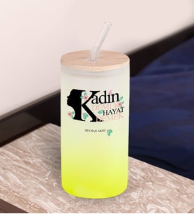 BK Gift Kadınlar Gününe Özel İsimli Sarı Renk Pipetli Buzlu Cam Bardak 600ml - 1, 8 Mart Kadınlar Günü