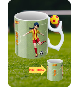 Sarı Kırmızı Futbol Toplu Sarı Kırmızı Forma Kadın Futbolcu Taraftar İsimli Baskılı Kupa Bardak