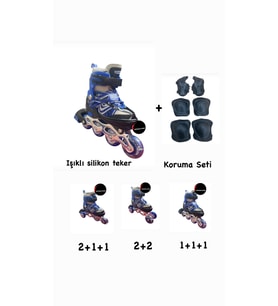 Işıklı Çocuk Pateni Ayarlanılabilir Alıştırma Silikon Tekerli Frenli Metal Gövdeli Paten Dizlik Set 30-33 (Mavi)