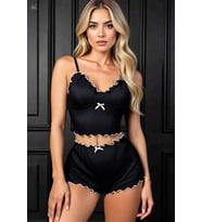 Mulvxbrf Brf02 Kadın Siyah Fitilli Askılı Zarif Şortlu Pijama Takımı Özel Tasarım (Mulvix)