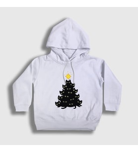 Presmono Unisex Çocuk Beyaz Lights Black Cat Kedi Yılbaşı Kapüşonlu Sweatshirt 364302tt