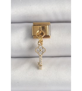 316L Çelik Gold Renk Sallantı Zirkon Taşlı Anahtar Model Nomination Charm - TJ-BC1338