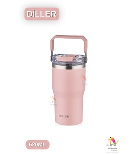 Vagonlife 620 ML Çift İçim Pipetli / Pipetsiz Taşıma Kulplu Termos 3 Renk (Pembe)
